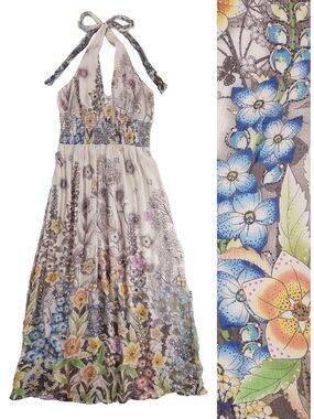 Warehouse 100% Silk Floral Maxi Dress Women M Halter Boho Garden Wedding Summer